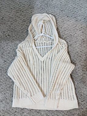 Cream Open-Knit V-Neck Hoodie Sweater